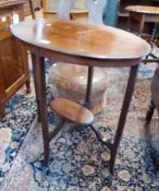 Mahogany oval occasional table, with satinwood banding, on splayed supports, united by stretchers,