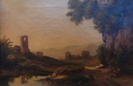 Oil on canvas
Early 19th century English School, pastoral scene with ruined castle and mountainous