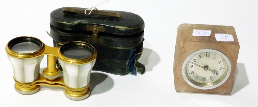 Pair gilt metal and mother-of-pearl opera glasses in leather case and  pink satin glass timepiece