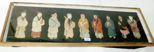 Fabric collage picture of nine oriental figures, framed and glazed