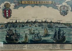 Coloured engraving 
"Amsterdam" with quay, initialled "TVM"