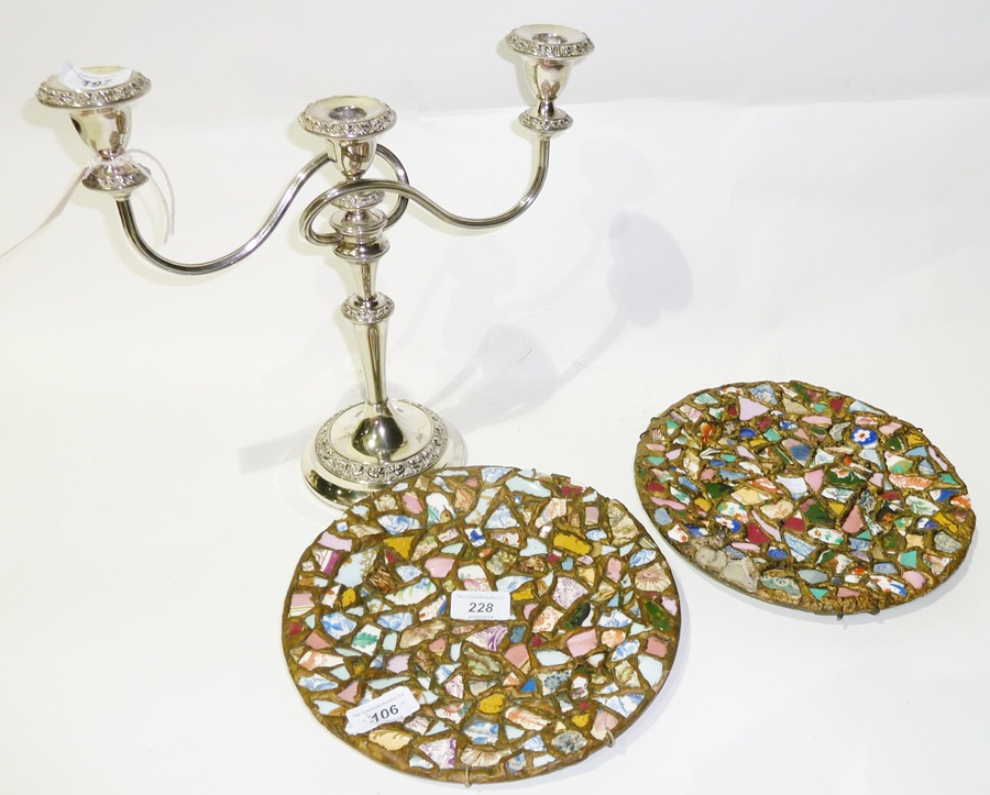 Pair ceramic mosaic plaques and silver-plated three light candelabrum