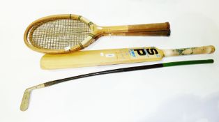 Quantity old golf clubs, tennis racquets and a cricket bat