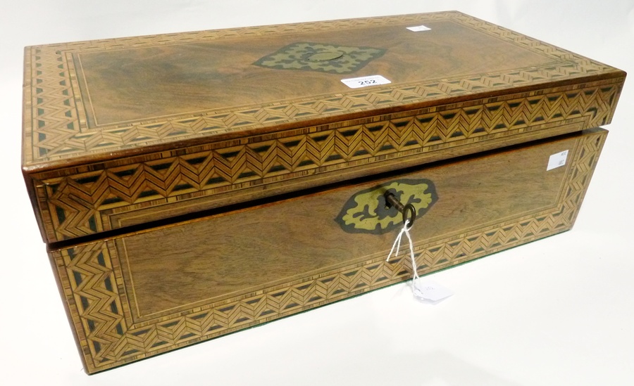 Victorian brass inlaid and Tunbridgeware writing slope, with chevron inlaid borders and brass inlaid