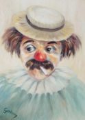 Oil on canvas
Gabay
Portrait of a clown with cigarette in mouth
Signed in gilt frame, 40cm x 29cm
