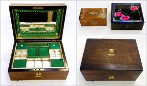 Mahogany sewing box with inlaid mother of pearl, hinged lid enclosing mirror to inside lid, and