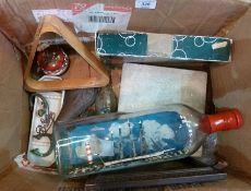 A selection of collectables to include:- ship in a bottle, snooker balls, powder flask etc (1 box)