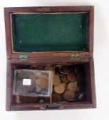Quantity of copper coins to include, half pennies, one pennies, and others in wooden box