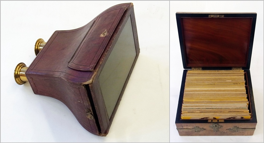 Victorian figured walnut and brass bound domed topped casket of stereoscopic cards, principally