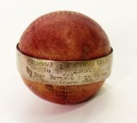 Stuart Surridge silver-mounted presentation cricket ball inscribed "Presented by TS Davis Esq to T