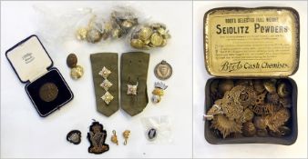 Collection of military buttons, badges (2 boxes) and a 12INF.BDE. "Athletic Championships 1924