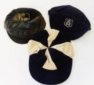 Three cloth boys school caps, one with a spoon crest bearing the initials SA (3)