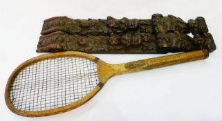 Quantity of wooden items to include:- tennis racket, carved spear, miniature throne, pair carved