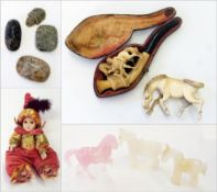 Quantity of items to include onyx carved horse, two hardstone carved horses, three soapstone