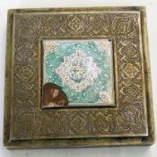 Persian silver coloured box, possibly Arabian, with square ceramic handpainted plaque to lid, with