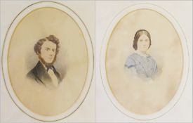 Watercolour
Portrait miniature on paper
Head and shoulders of Victorian lady and gentleman
with