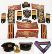 RAF military peaked hat, another peaked hat, military epaulette, military cloth badges, buttons,