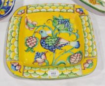 Italian Maiolica wall plaque, square painted with stylised flowering branches with petal border, the