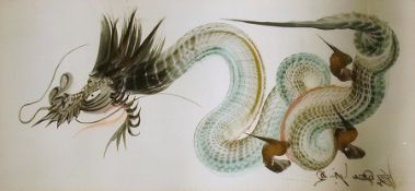 Oriental watercolour  
Dragon, signed and with stamped seal, 72 x 34 cm  and an 
Indian