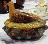 Victorian Maiolica hen, small game pie dish, the hen seated on corn, twig and ivy base, 19cm long