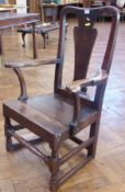 Antique oak open armchair, the open back with vase-shaped splat, panelled seat on baluster and block