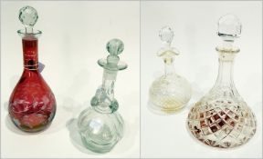 Etched cranberry wine decanter, 19th century cut small decanter and two other decanters