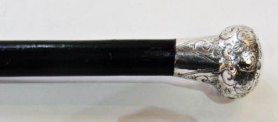 Late 19th century ebony and silver-topped walking cane, foliate engraved, marks worn