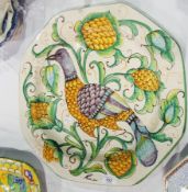 Italian Maiolica wall plaque, octagonal bird and flower decorated in green, ochre, purple and