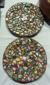 Pair ceramic mosaic mounted tin wall plates, circular