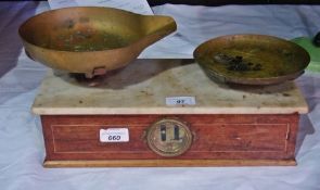 Set of Parnell and Sons, Bristol marble and inlaid wood shop balance scales, with brass pans and