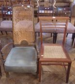 Modern hardwood caned dining chair and 20th century caned back open arm fireside  chair