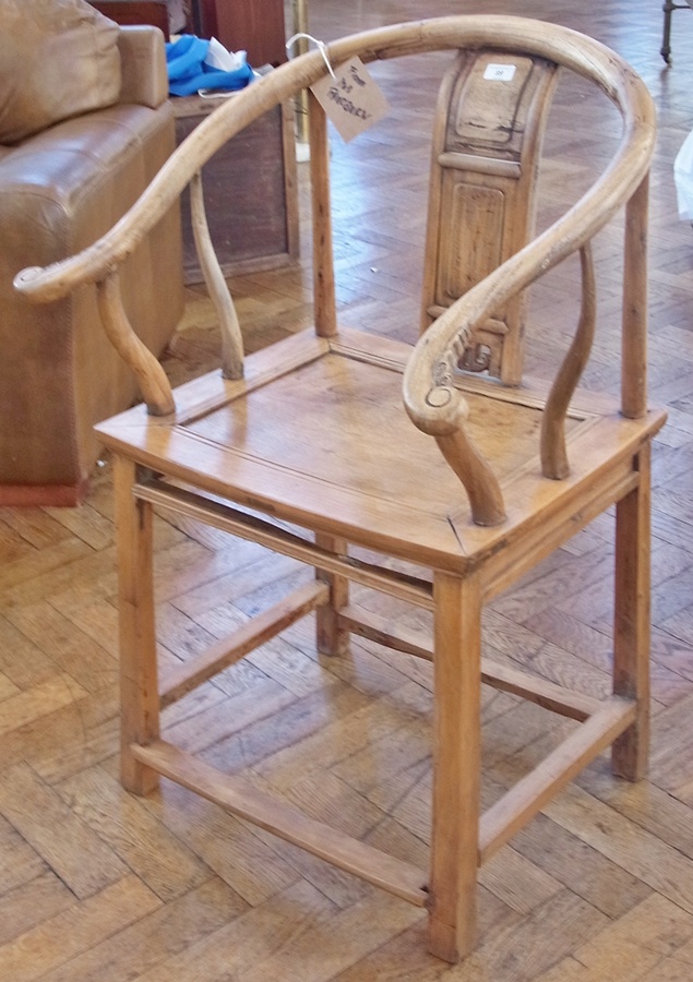 Chinese round back open armchair with central panelled splat with pierced scroll, frame panelled