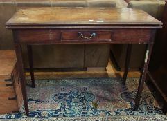 19th Century mahogany card table, with single freeze drawer, brass ornate handles on tapering