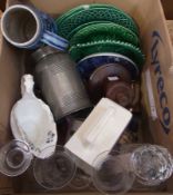 Quantity of decorative items to include leaf plates, pewter measure, glass decanter, Tennants