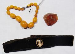 Yellow amber type bracelet, with graduated beads, portrait miniature, oval set on velvet choker