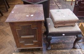 A modern oak television cabinet pot stand, hinged chest and two stools (5)