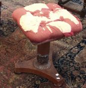 Mahogany stool, with upholstered top (af), on column support and tripod base on bun feet