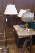 A modern standard lamp with cream shade, and matching table lamp with cream shade and another (3)