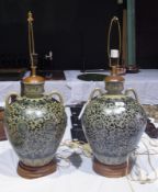 Pair Oriental porcelain vase table lamps, each shouldered ovoid and  tapered, decorated in black