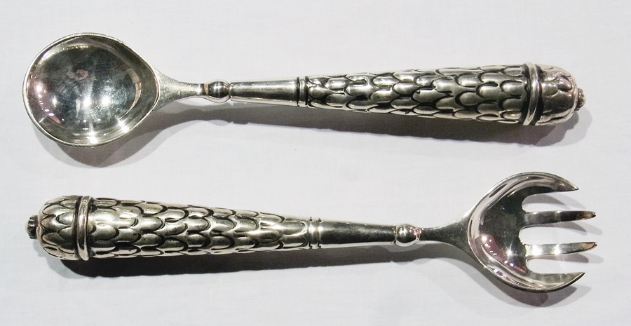 Pair EPNS salad servers, each with pineapple-type handle and ceramic button terminal