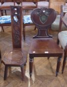 Victorian mahogany hall chair, the shaped back with curved, scrolled  and shell top panel, inset