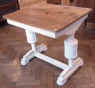 20th Century pine rectangular table, with white painted base, turned supports united by stretchers