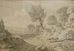 Pen, ink and watercolour
19th century School 
En grisaille
"Cheltenham" a panoramic rural view, 37 x