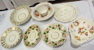 Two Crown Derby soup bowls with rose, gilt and foliate borders, a Bloor Derby bowl with moulded