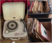 A Spinney marble record player, and two boxes of assorted records, His Master's Voice, and others (2