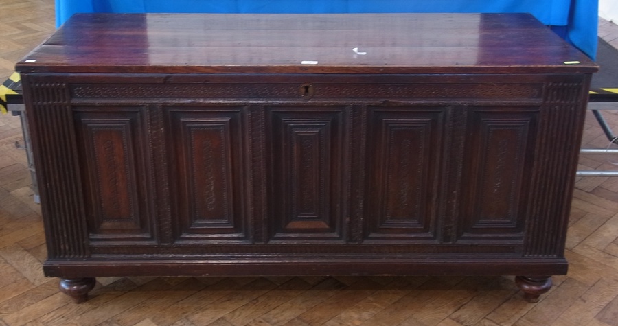18th century seven panel coffer, having reeded and pokerwork decoration, iron carrying handles on