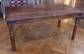 Eastern oak refectory style dining table, on turned supports with metal mounts, 171cm wide