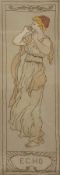 Edwardian silk embroidered picture
Allegorical figure in Art Nouveau style
"Echo", 68 x 24cm