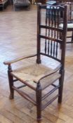 19th century Lancashire railback open armchair having rush seat, on turned supports and stretchers