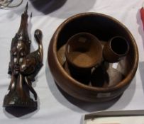 Balinese style carved hardwood bust of two dancers with pointed head-dresses, turned wood goblet,